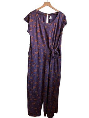 Pact Organic Cotton Stretch Jumpsuit Purple Floral Short Sleeve Flowy Size XL